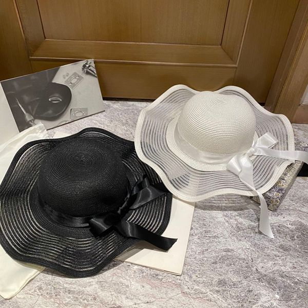 Cappelli di paglia da donna con nastro lungo e leggero, cappelli di paglia a cupola, cappelli di protezione solare morbidi, cappelli a tesa larga in chiffon di ventilazione femminile