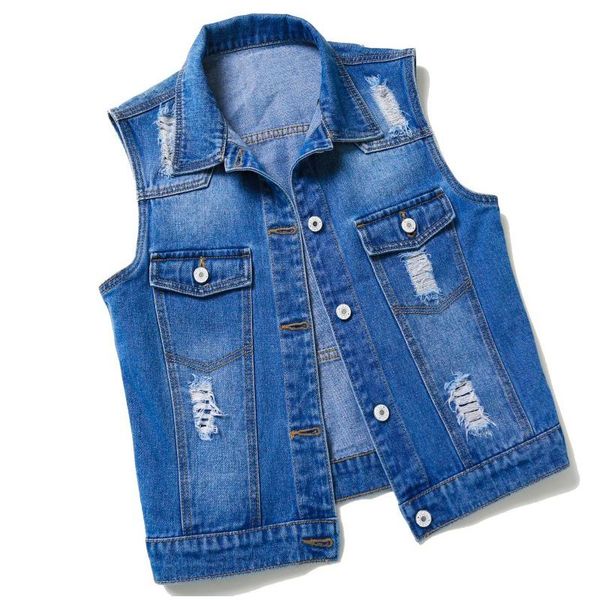 Gilet da donna Taglie forti Gilet senza maniche 2023 Gilet di jeans estivo Moda Casual Jeans corti Giacca con fori Cappotto sottile 3XLDonna