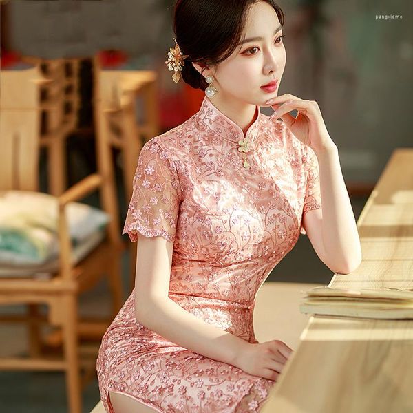 Roupas étnicas mulheres renda de renda longa rosa elegante QIPAO Vestido formal de partido chinês mandarim colarinho sexy cheongsam manga curta retro vestidos