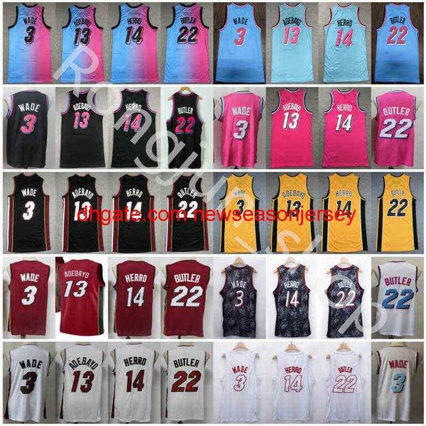 2021 Maglia da basket Dwyane 3 Wade Jimmy 22 Butler Mens Tyler 14 Herro Bam 13 Ado Pantaloncini maglia nera bianca gialla blu rosa