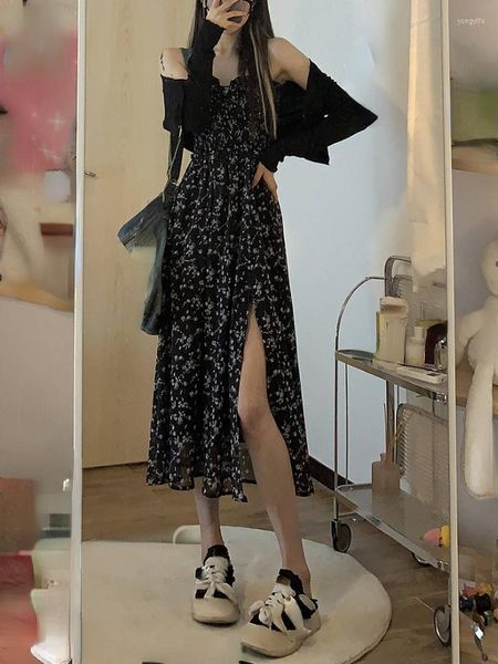 Abiti casual 2023 Summer Korean 2 Piece Dress Set Black Vintage Top manica lunga senza maniche Retro Floral Midi Beach Short Party