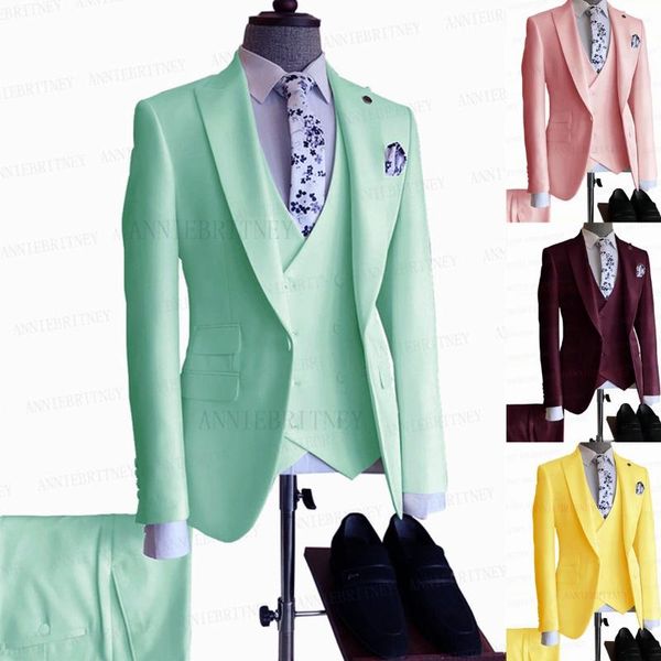 Ternos masculinos Blazers 2023 Moda Mint Color Sui Men 3 Peças Slim fit