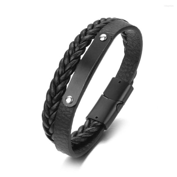 Bracelets de charme 2023 Moda Black Aço inoxidável liso Bracelete de couro Retro Retro Titanium Manga dupla para jóias masculinas