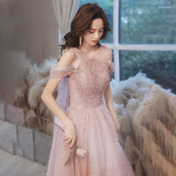 Abbigliamento etnico Donna Rosa Fata Perle Abiti da ballo Principessa Festa Abito lungo da sera formale in tulle A-Line