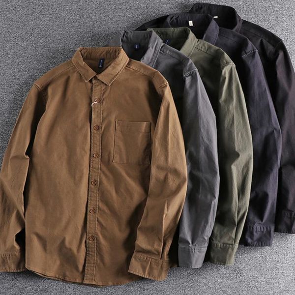 Camisas casuais masculinas ligeiramente soltas e de alta qualidade Hong Kong Retro Solid Color Slumed Shirt Shirtmen Japanese