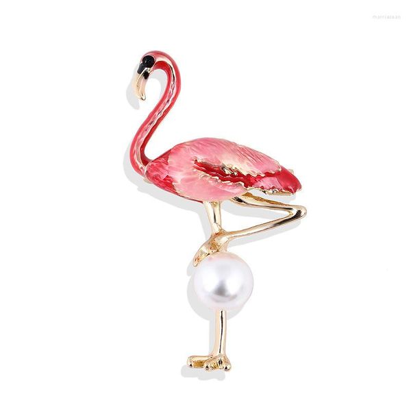 Broches vintage pintados à mão rosa verde flamingo broche moda moda simulada pérola animal lenço de pássaro pinos de roupas para mulheres