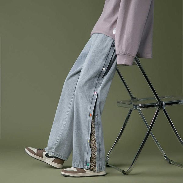 Jeans da uomo 2021 nuovi jeans dritti con doppio bottone laterale uomo leopardato stampato moda streetwear pantaloni larghi casual pantaloni harem a gamba larga Z0301