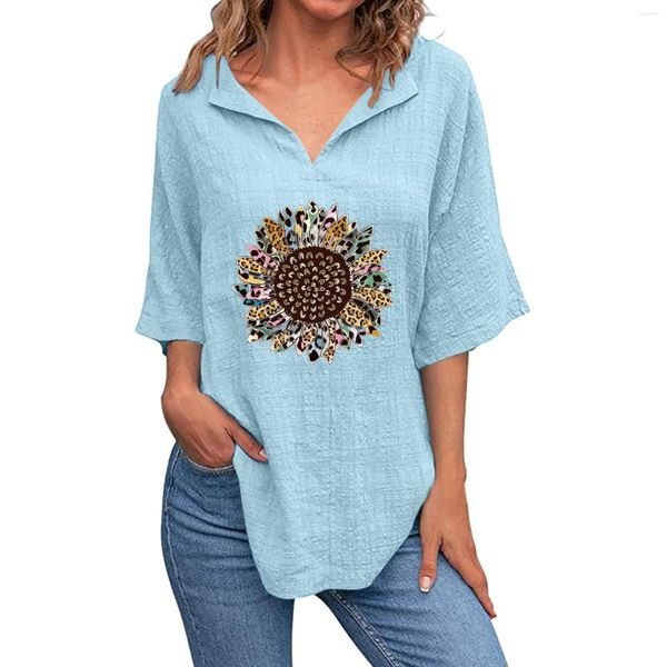 Damen-T-Shirts, Marken-Frauen-Sonnenblumen-Druck, V-Ausschnitt, kurzärmelig, Baumwolle, Leinen, T-Shirt, Bluse, Sommer, lockere Passform, lässige Tunika-Tops