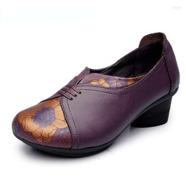 Kleidschuhe 2023 Damen Frühling Retro Bedrucktes Leder Ethnischer Stil High Heels Bequem Weich Lässig