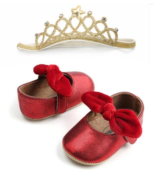 Erste Wanderer Baby Mädchen Schuhe Sets PU Leder Kleinkind Kleinkind Stirnband Schleife-knoten Weiche Sohle Mit Krone