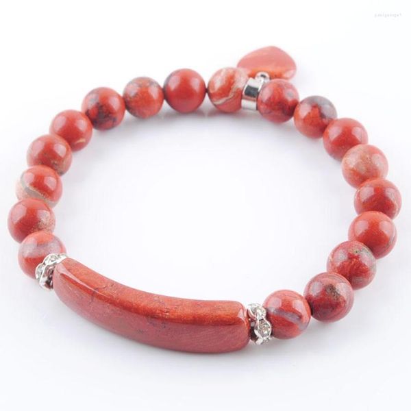 Strand Natural Stone Stretch Bracciali 8mm Round Red River Jasper Beads Braccialetti a forma di cuore Charm Gioielli da donna Love Gift TK3321