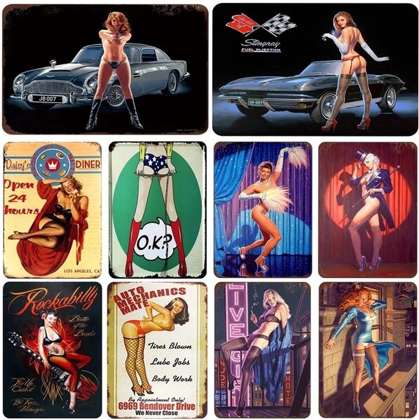 Sexy Lady Metal Painting Pin Up Girl Poster in metallo Targa in metallo vintage Targa in ferro retrò Decorazione da parete Garage per auto da corsa Decorazioni per la casa Decorazioni artistiche personalizzate 30X20CM w01