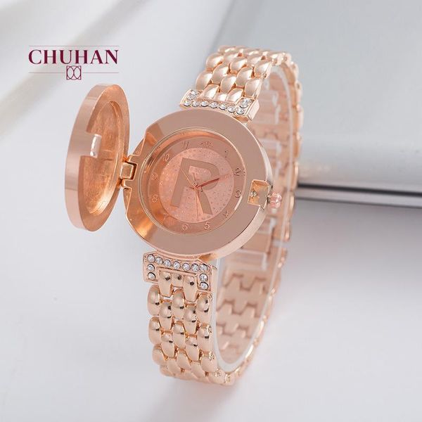 Bilek saatleri kadınların kişiselleştirilmiş bilezik dekorasyonu gül altın flip kol saat