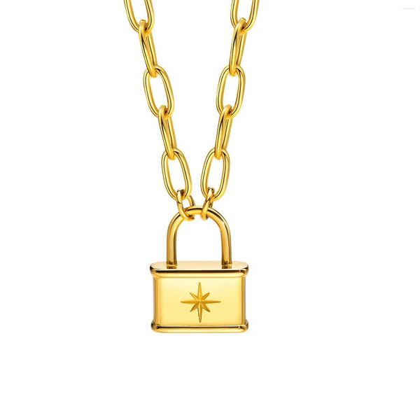 Anhänger Halsketten Frauen Chic Vorhängeschloss Gold Farbe Edelstahl Schloss Mit Stern Stempel Büroklammer Kette Choker Kragen