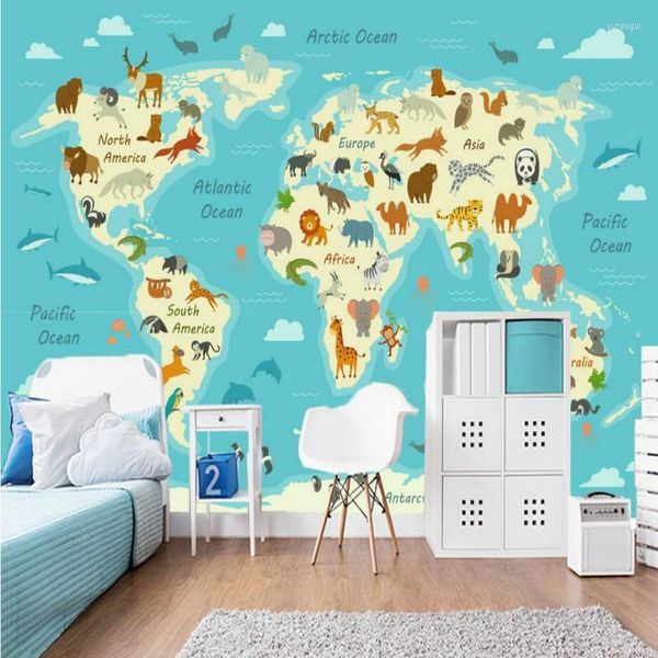 Tapeten Cartoon handgemalt rund um die Welt Tierkarte Wandpapier 3D Kinderzimmer Home Decor Wandbild Tapete für Kinderwände