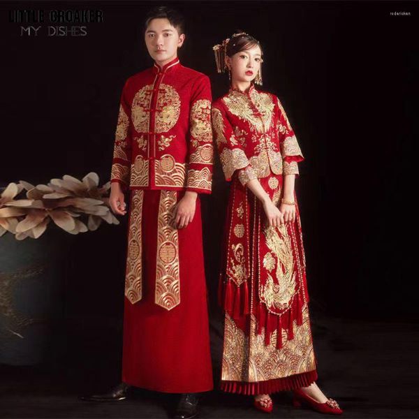 Abbigliamento etnico Abito da sposa tradizionale cinese Sposa Ricamo Cheongsam Phoenix Qipao Per donne e uomini Abito d'oro