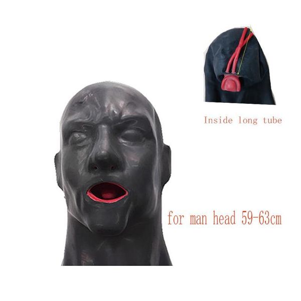 Maschere per feste Cappuccio in lattice 3D Maschera di gomma Occhi chiusi Fetish con bocca rossa Gag Plug Guaina Lingua Naso Tubo lungo e corto per uomo 2207 Dhe0R