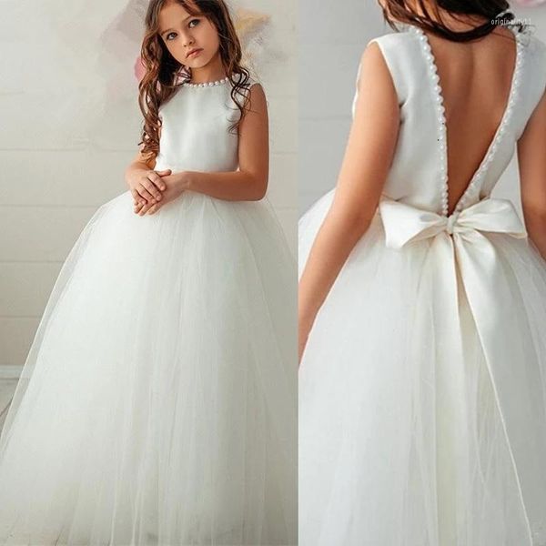 Abiti da ragazza Celebrità Perle Abito da principessa Abito da ballo in tulle di pizzo Fiore senza schienale Fiocco con fascia Applique Comunione carina