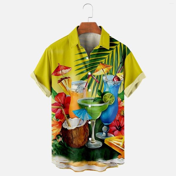 Herren-T-Shirts, Cartoon-Trinken-Aufdruck, für Männer, Umlegekragen, kurzärmelig, Vintage-Hawaii-Hemd, Straße, Sommer, Strand, böhmische Kleidung