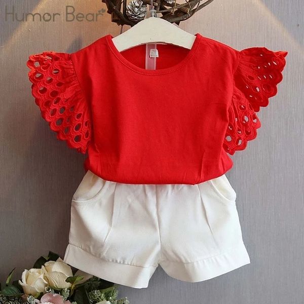 Roupas conjunta humor urso meninas de roupas de verão Summer Flor Hollow Tops Shorts Ternos infantis 230313