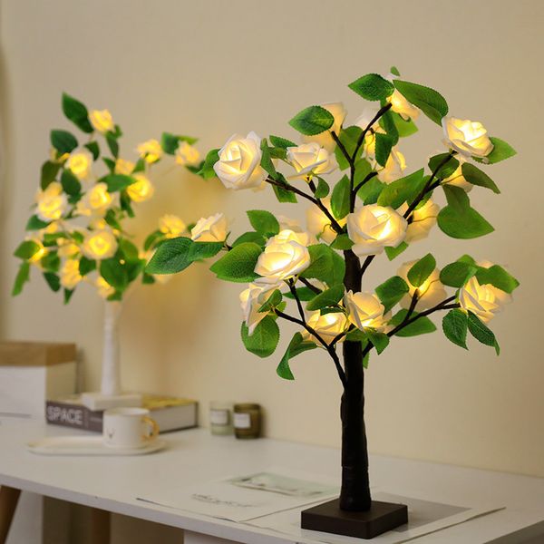 Ghirlande di fiori decorativi Decorativo da tavolo Albero illuminato Albero di rose Lampada Fiore di rosa artificiale 55CM 24LED Alimentato a batteria Soggiorno Festa per le vacanze 230313