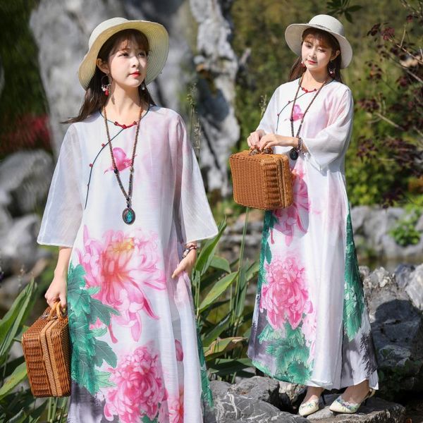 Casual Kleider Chinesischen Stil Blumendruck Lose A-linie Lange Kleid Frauen Frühling Sommer Rundhals Vintage Elegante Damen KleidungCasual