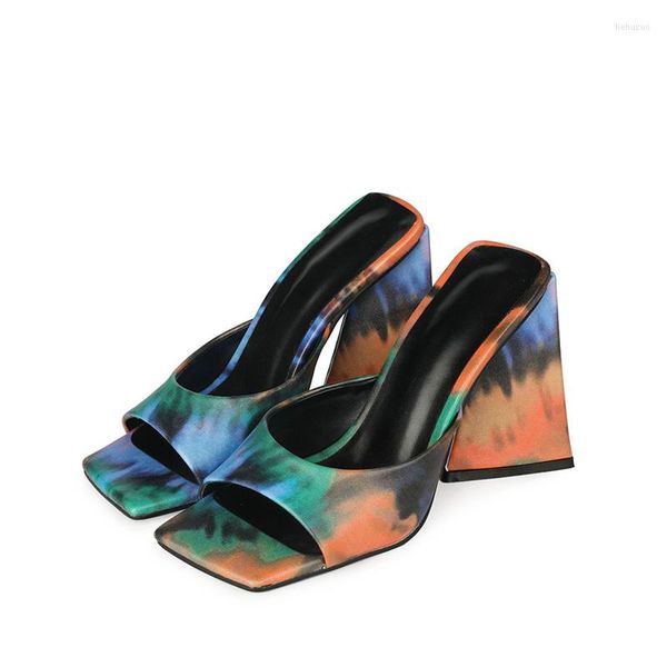 Hausschuhe Krawatten-Dye Grüne Schuhe für Frauen Mode 3D-Druck High Heel Sandalen Britische Stil Plus Größe 45 Quadratzehen draußen