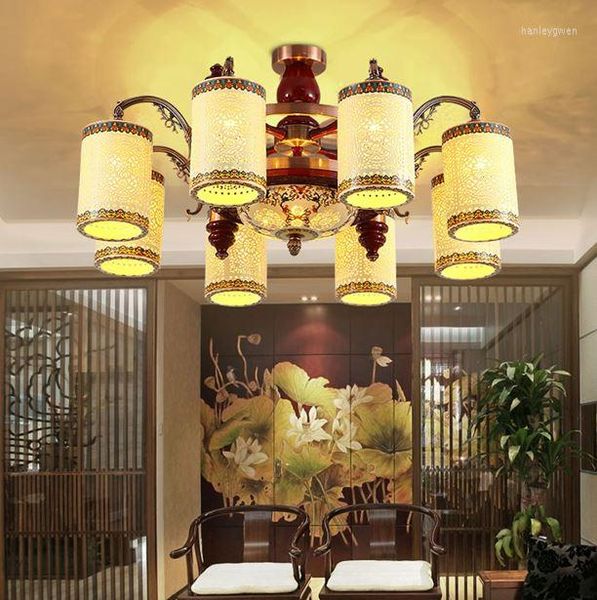 Deckenleuchten, moderne chinesische Lampe, Massivholz, Keramik, antike Atmosphäre, rund, für Wohnzimmer, Restaurant, Halle, El Engineering