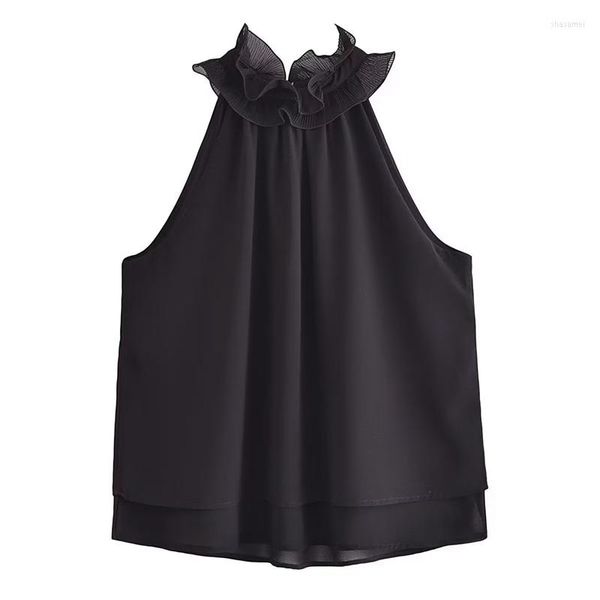 Blouses femininas verão mulheres camisas sem mangas de chiffon em cascata de babados halter top lady street blusa preta