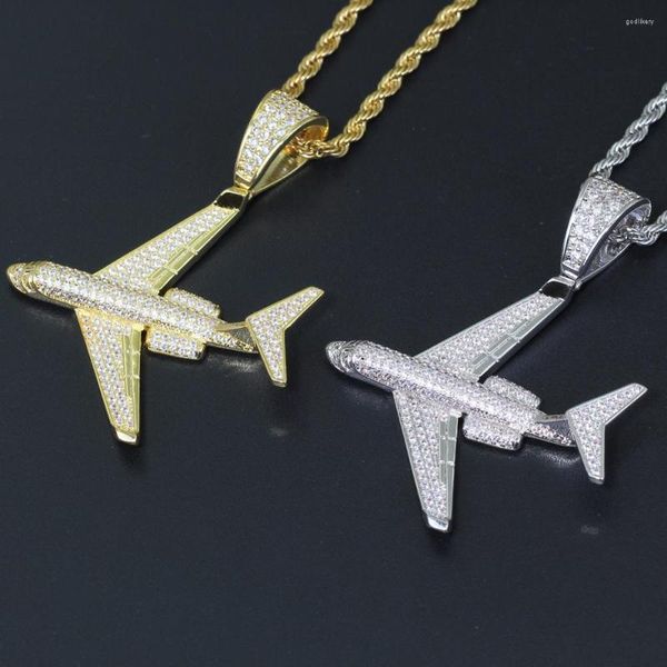 Anhänger Halsketten Messing CZ Flugzeug Flugzeug Form Anhänger Iced Out Hip Hop Halskette Für Männer Und Frauen Gold Farbe