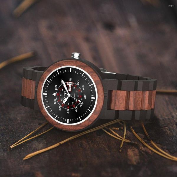 Avanadores de punho Hnatuy Wooden Watch Relógios masculinos Calendar Bracelet Classic Quartz Movement Wood for Men Anniversary Gift Box