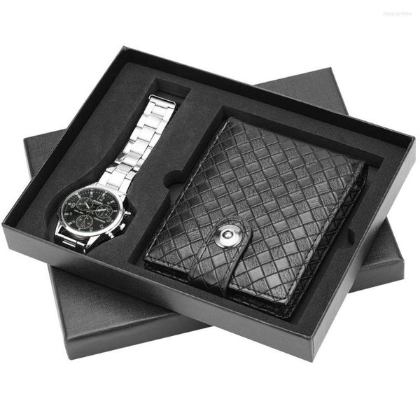 Armbanduhren, exquisites Geschenkset für Herren, schwarzes Zifferblatt mit klaren Skalen, Uhren, Business-Quarz-Analog-Armbanduhr, Leder-Geldbörse