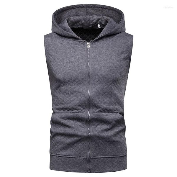 Erkek Hoodies 2023 Erkek Küp Desen Moda Kolsuz Ceket Sweatshirt Katı fermuar Katlar Sıradan Spor Kapüşonlu Yelek Katları