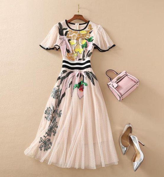 2022 Vestido de bordado floral de verão de verão Mid-Mela de manga curta de manga curta Tule xxl vestidos casuais elegantes 22q042324