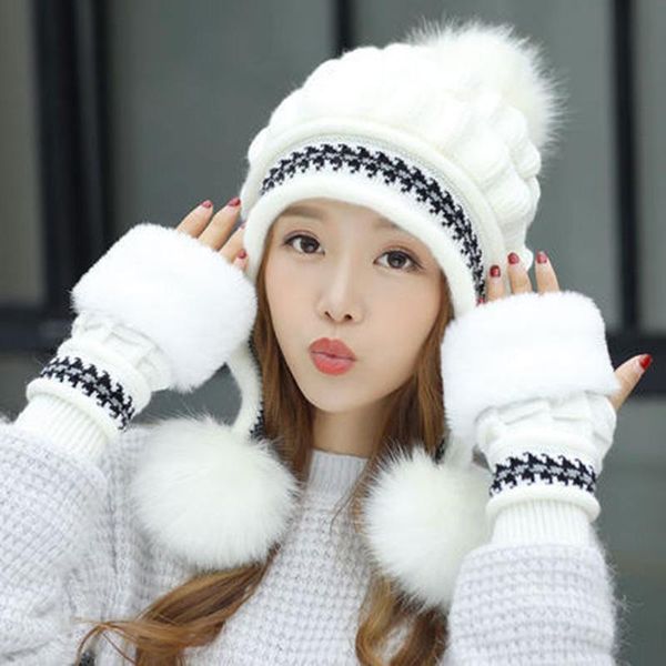 Beanies Beanie/Kafatası Kapakları 2023 Moda Tatlı Güzel Kadınlar Örme Şapka Eldiven Seti Noel ısınma Beanie Tam Kapak Eldiven Kiti Kış için