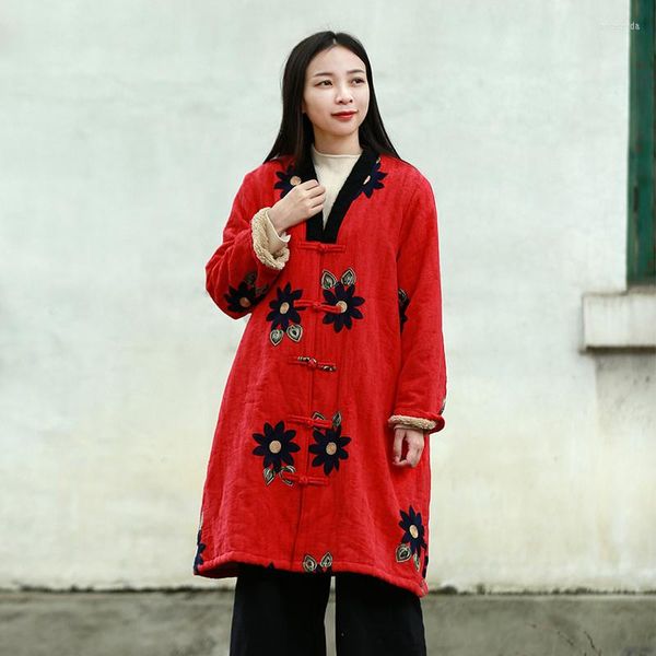 Damenjacken 2023 Kunstpelz Outwear Frauen Wintermantel Große Blume Stickerei Chinesische Lange Jacke V-Ausschnitt Mori Mädchen Warm Vintage Fleece MantelW