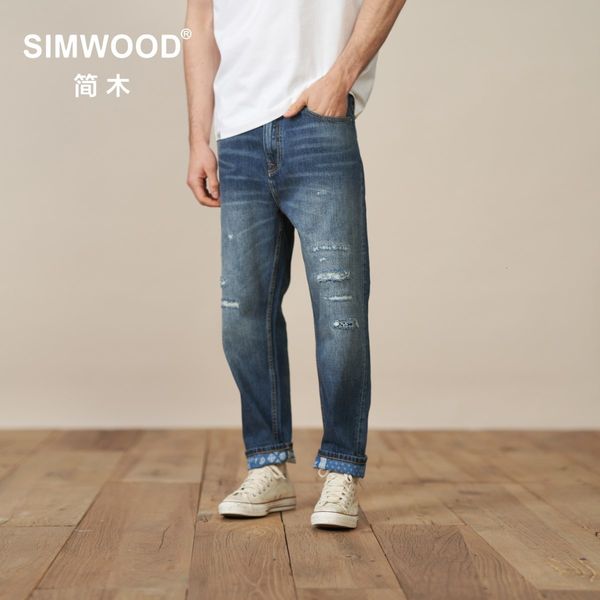 Мужские джинсы Springr Winter Lake Straight Jeans Men Men Модная вырванная дырочная уличная одежда голеностопная лодыжка плюс джинсовые брюки 230313