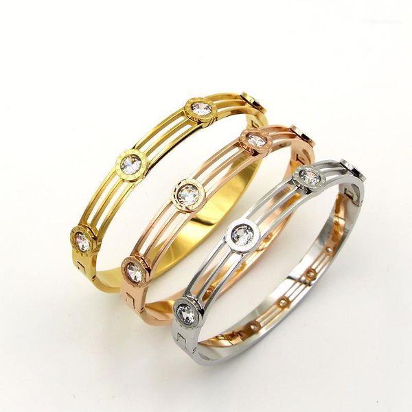 Bangle Fashion Better Hollow Crystal четыре круглых римских цифр браслет из нержавеющей стали цвета розового золота.