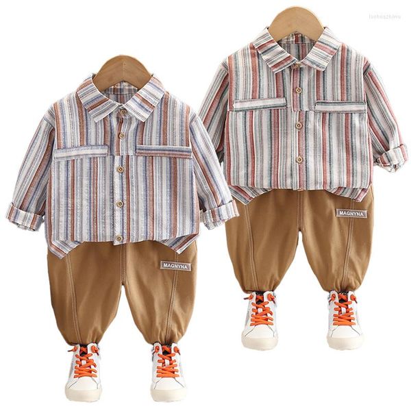Roupas conjuntos de roupas da primavera meninos meninos bebê algodão listrado camisa xadrez calças 2pcs Terno para crianças roupas infantis roupas casuais