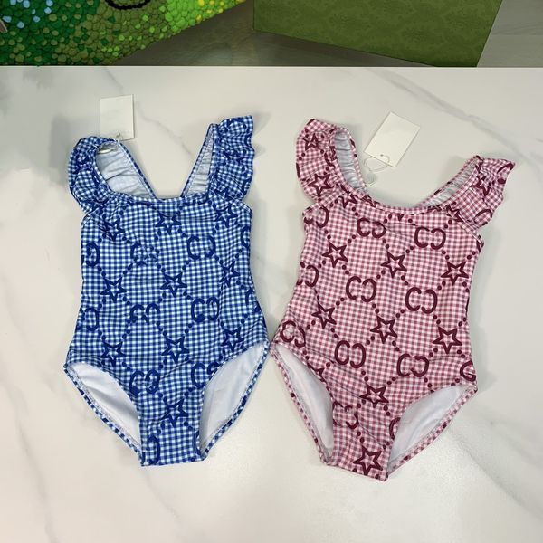 Mädchen Bikini Strand Tragen Baby Bademode Mädchen Einteilige Brief Drucken 2023 Kind Badeanzug Charmante Luxus Marke Verschiedene Rosa Blau modedesigner