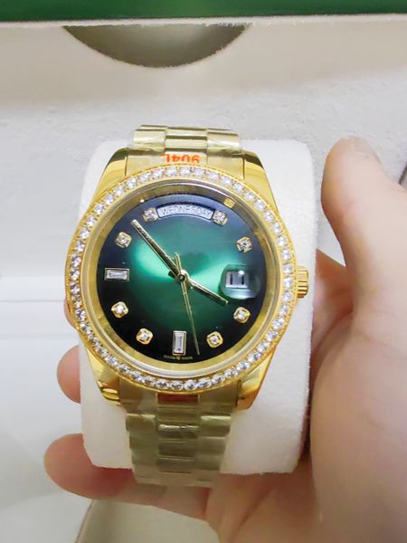 Оригинальный сертификат коробки 18K Золотые Президент мужской часы День Дата бриллианты Зеленый циферблат часы мужски из нержавеющей бриллианты. Автоматические наручные часы 96