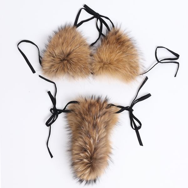 Mulheres de banho feminina Yoloagain Women Natural Raccoon Pele Real Sexy Biquíni Conjunto de Bra destacável 230313