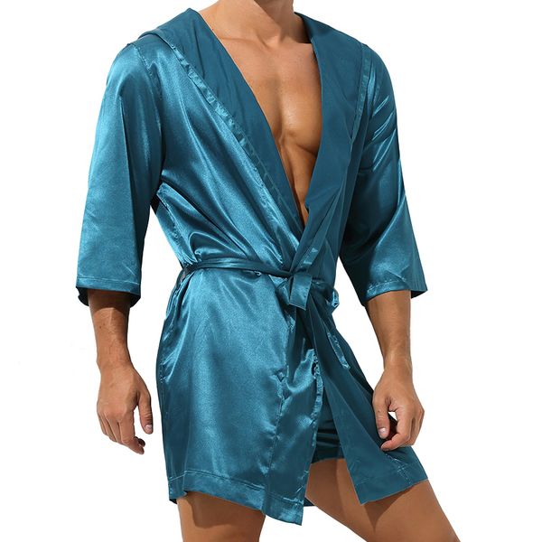 Мужская одежда мужская одежда для сонной одежды ночная одежда Шелковая кимоно -халаба Мужчины с капюшоном Szlafrok Pajamas Peignoir рукав Ropa Sexy Hombre Man's Hown 230313