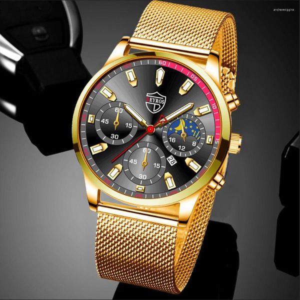 Orologi da polso Montre Homme Orologi da uomo Orologi di lusso da uomo d'affari Cintura in maglia di acciaio inossidabile Orologio da polso in oro al quarzo per uomo Orologio da calendario per il tempo libero