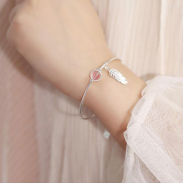 Link Armbänder 2023 Rosa Kristall Feder Blatt Armband Für Frau Silber Farbe Schmuck Temperament Natürliche Erdbeere