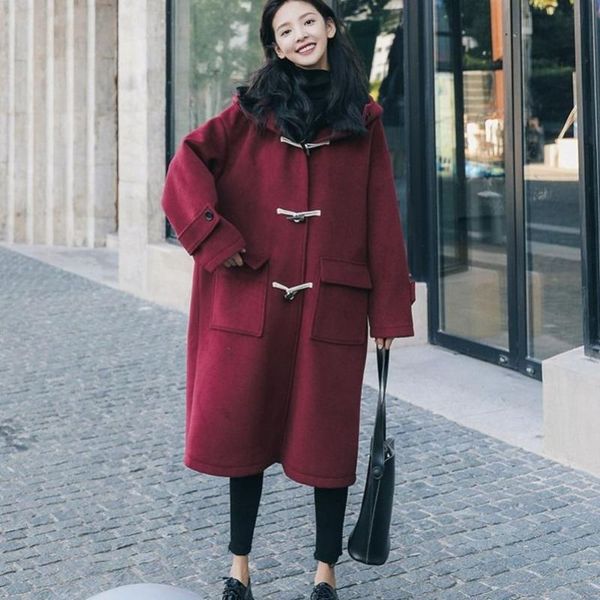 Frauen Wolle Mischungen 2023 Herbst Winter Koreanische Rote Horn Taste Tweed Mantel Mittel Lange Mit Kapuze Student der Woolen