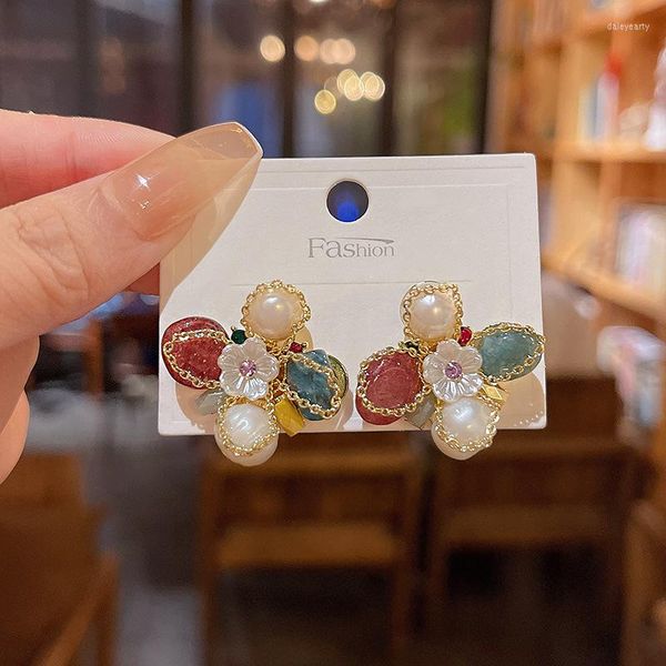 Orecchini a bottone 2023 Ragazza Fiore Harajuku Kari Coreano Giunzione a quattro colori Catena di cristallo fatta a mano Accessori per unghie dolci