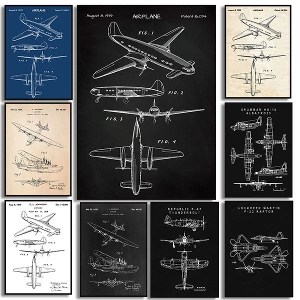 Vintage Uçak Blueprint Tin Poster Baskılar Uçak Metal Boyama Uçak Planı Havacılık Duvar Evi Dekor Pilot Metal Teneke İşaret Boyutu 30x20cm W02