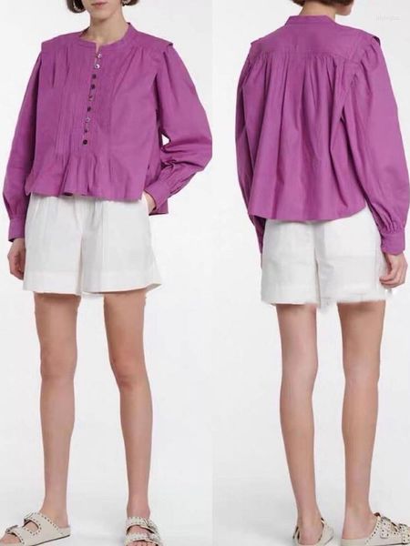 Bloups feminina Mulheres camisa Casual Comuter Design retrô roxo de manga longa abotoada com babados