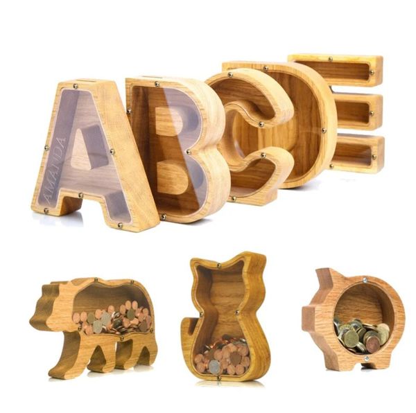 Regali di scatola di risparmio per animali in legno per bambini Piggy Banks Whale Pig Whale Moneys Boxes N0313